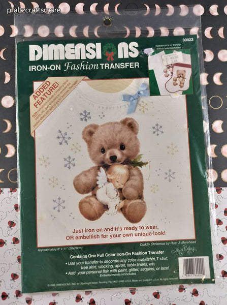 Vintage 1992 Dimensions Iron-On Fashion Transfer Christmas Angel w/Teddy Bear NEW SEALED