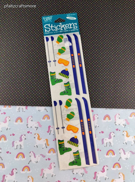 Vintage Frances Meyer Snowy Skiing Stickers, 2 Sheets New & Sealed