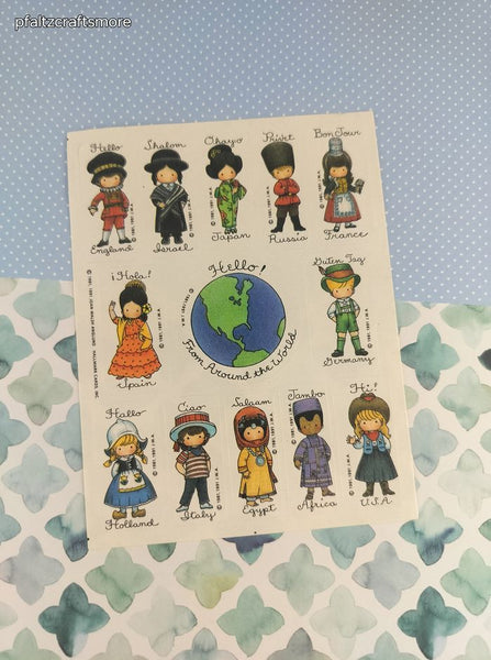 Vintage 1991 "Hello! From Around the World" Full Sticker Sheet, Clean & Unused