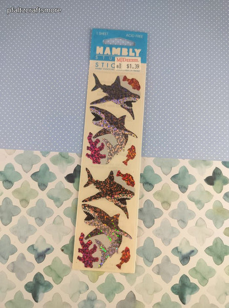 Vintage Hambly Stickers, Prismatic SHINY Colorful Sharks, 1 Sheet New & Sealed