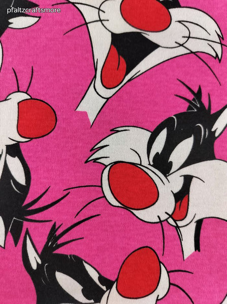 Vintage Warner Brothers Sylvester the Cat Pink Fabric Remnant, 3/4 yd x 66" W, CLEAN