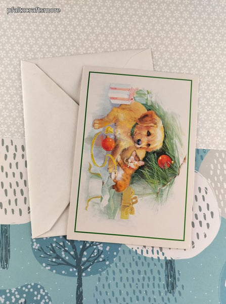 Vintage Christmas Puppy & Kitten Mary Beth Lopiccolo Greeting Card w/Envelope
