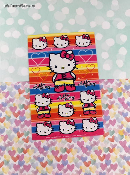 Vintage 2005 Hello Kitty Colorful Rainbow Hearts Full Sticker Sheet, Clean & Unused