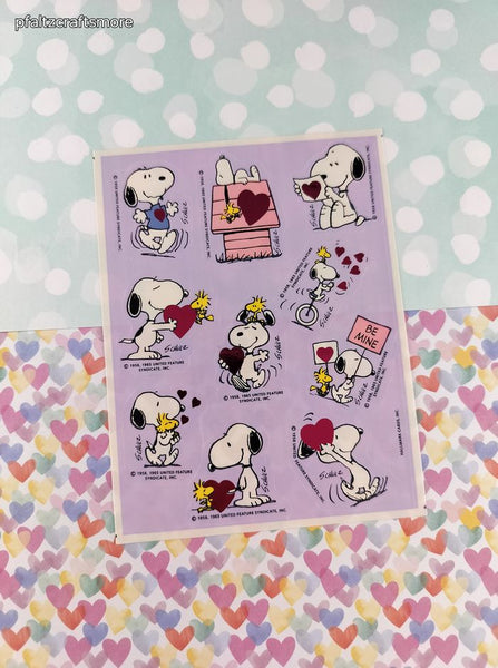 Vintage 1990's Hallmark Peanuts Snoopy Valentine's Day SHINY Hearts Full Sticker Sheet, Clean & Unused