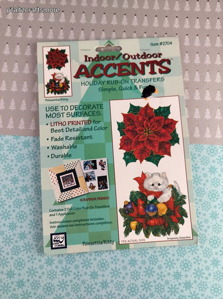 Vintage Loew Cornell Christmas Holiday Rub-on Transfer Poinsettia/Kitty NEW