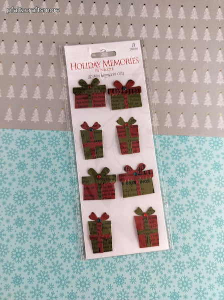 Holiday Memories by Nicole Christmas Mini Newsprint Gifts 3-Dimensional Sticker Pack, New/Sealed