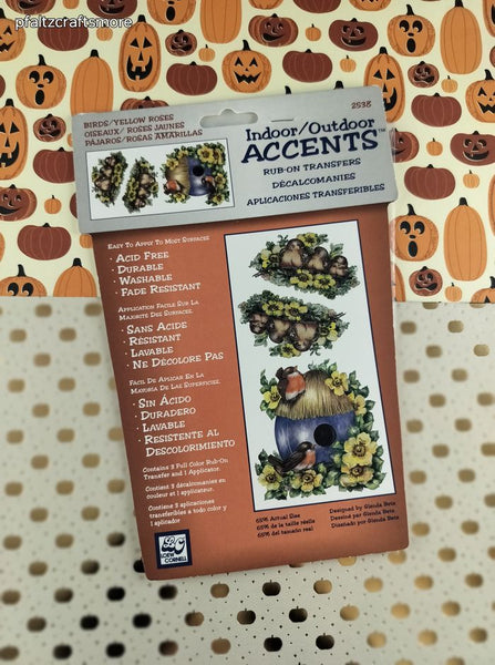 Vintage Loew Cornell Indoor/Outdoor Rub-on Transfer Birds/Yellow Roses NEW