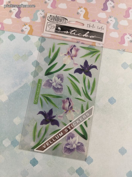 Vintage Sticko Vellum "Purple Flowers" Binder Sticker Sheet, New & Sealed