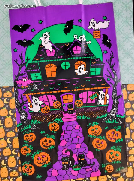 Vintage Halloween Vibrant Purple Haunted House Ghosts Medium Gift Bag, Unused