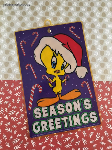 Vintage 1996 Christmas Season's Greetings Looney Tunes Tweety Bird Color-Cling