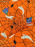 Vintage Halloween Spooky Ghosts Haunted Mansion Orange Fabric Remnant, 1 yd x 44" W, Clean
