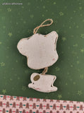 Vintage Soft Fabric Flat Tea Kettle w/Cup Christmas Ornament, Clean