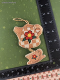 Vintage Soft Fabric Flat Tea Kettle w/Cup Christmas Ornament, Clean