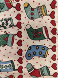 Vintage Christmas Festive Stockings & Hearts Fabric Remnant, 15"x21", Clean