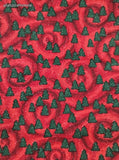 Vintage Christmas Festive Red Swirls Green Trees Fabric Remnant, 21" x 36", Clean