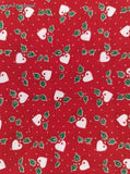 Vintage Christmas Festive Red White Holly Hearts Fabric Remnant, 16"x21", Clean