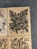Vintage PSX Floral Iris Viola Lilac Fuchsia Lillies Wooden Block/Rubber Stamps Set/5